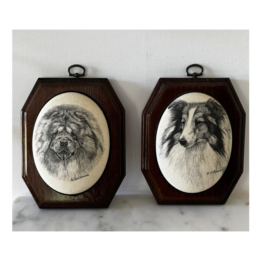 Vintage Dog Portrait Plaques Pair Collie Chow Signed Earl Sherwan